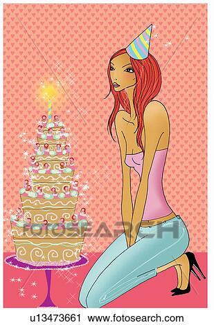 Young woman celebrating alone with a large cake View Large Illustration Clip Art - Young woman celebrating alone with a large cake. Fotosearch
