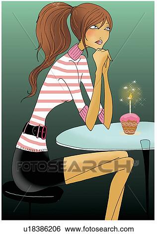 Young woman celebrating alone with cake View Large Illustration Stock Illustration - Young woman celebrating alone with cake. Fotosearch
