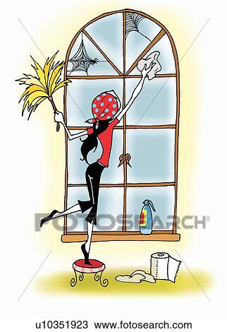 Drawing - Young woman cleaning cobwebs from window. Fotosearch