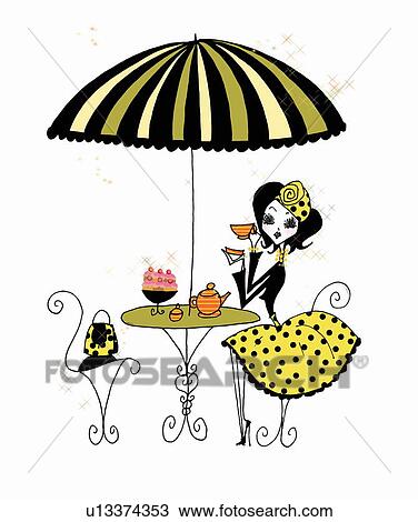 Young woman having tea and dessert at cafe View Large Illustration Drawing - Young woman having tea and dessert at cafe. Fotosearch
