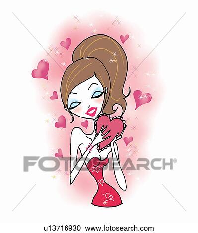 Clipart - Young woman holding a heart. Fotosearch