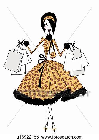 Stock Illustration - Young woman in leopard pattern outfit with many shopping bags. Fotosearch