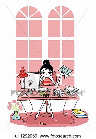 Stock Illustration - Young Woman looking tired at desk. Fotosearch
