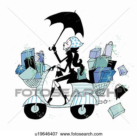 Young woman on scooter in the rain with many presents View Large Illustration Stock Illustration - Young woman on scooter in the rain with many presents. Fotosearch