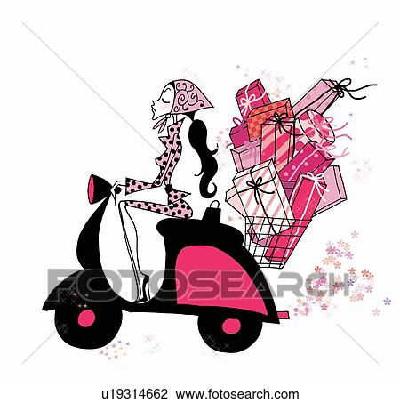 Drawing - Young woman on scooter with many presents. Fotosearch
