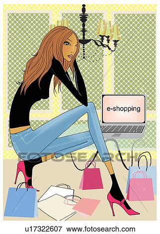 Young woman shopping online View Large Illustration Stock Illustration - Young woman shopping online. Fotosearch