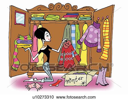 Young woman taking out winter season clothes View Large Illustration Clipart - Young woman taking out winter season clothes. Fotosearch