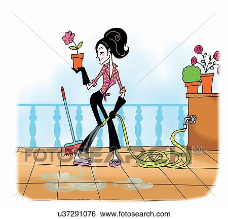 Stock Illustration - Young woman watering plants. Fotosearch