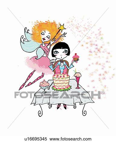 Stock Illustration - Young woman with a table full of sweets and fairy. Fotosearch