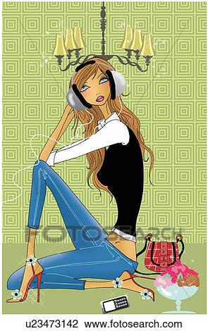 Drawing - Young woman with earphones and bowl of ice cream at home. Fotosearch