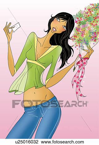 Young woman with flowers and card View Large Illustration Drawing - Young woman with flowers and card. Fotosearch