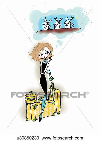 Young woman with luggage dreaming of vacation View Large Illustration Stock Illustration - Young woman with luggage dreaming of vacation. Fotosearch