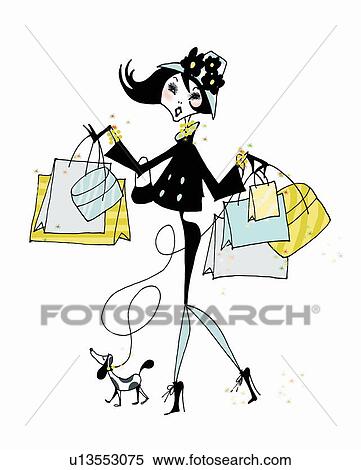 Stock Illustration - Young woman with many shopping bags and small dog. Fotosearch