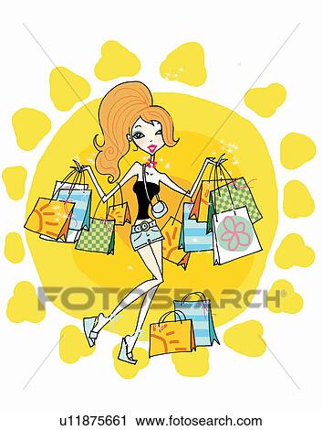 Young woman with many shopping bags View Large Illustration Clip Art - Young woman with many shopping bags. Fotosearch