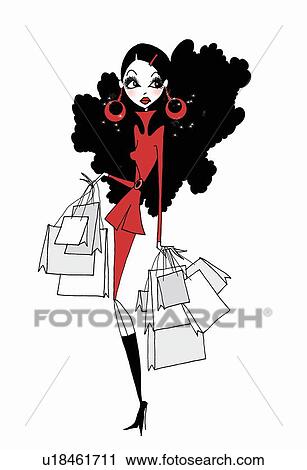 Clip Art - Young woman with many shopping bags. Fotosearch