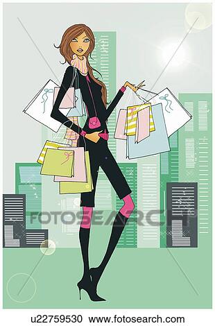 Young woman with many shopping bags View Large Illustration Clipart - Young woman with many shopping bags. Fotosearch