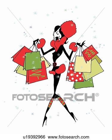 Stock Illustration - Young woman with many shopping bags in snow flakes. Fotosearch