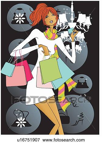 Young woman with many shopping bags View Large Illustration Stock Illustration - Young woman with many shopping bags. Fotosearch