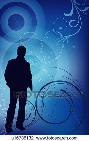 Silhouette of a man standing with blue floral pattern in background View Large Illustration Drawing - Silhouette of a man standing with blue floral pattern in background. Fotosearch