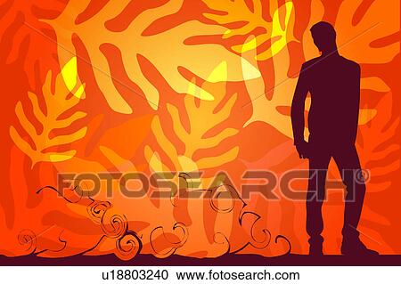 Clipart - Silhouette of a man standing with leaves in background. Fotosearch