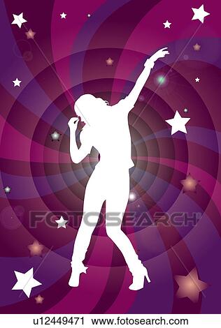 Silhouette of a woman dancing and singing with floral pattern and stars in background View Large Illustration Clip Art - Silhouette of a woman dancing and singing with floral pattern and stars in background. Fotosearch