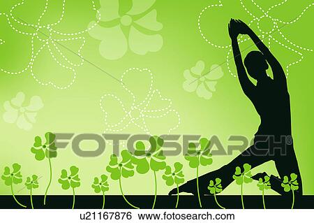 Stock Illustration - Silhouette of a woman doing yoga with green floral pattern in background. Fotosearch