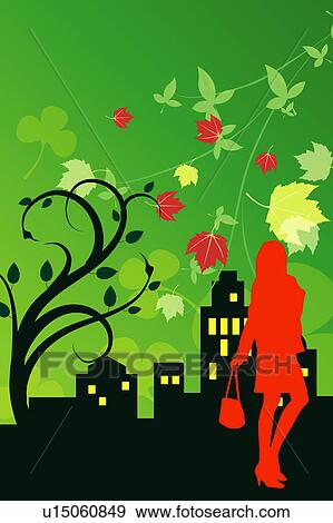 Stock Illustration - Silhouette of a woman holding a bag in modern city. Fotosearch