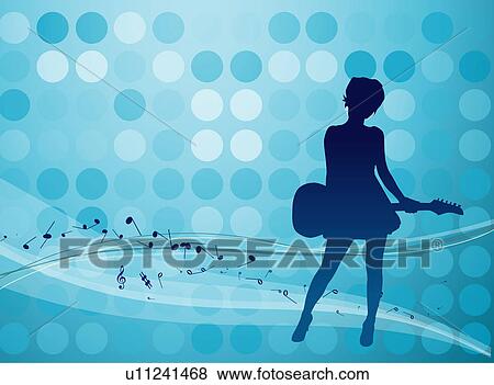 Stock Illustration - Silhouette of a woman playing guitar with notes in background. Fotosearch