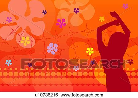 Stock Illustration - Silhouette of a woman standing and dancing with floral pattern in background. Fotosearch