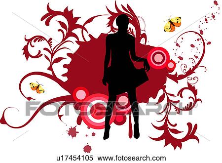 Silhouette of a woman standing and holding skirt with floral pattern in background View Large Illustration Stock Illustration - Silhouette of a woman standing and holding skirt with floral pattern in background. Fotosearch