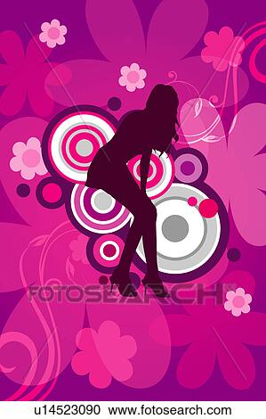 Clipart - Silhouette of a woman standing with floral pattern in background. Fotosearch