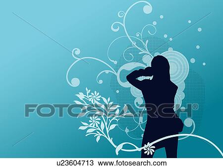 Drawing - Silhouette of a woman standing with floral pattern in background. Fotosearch