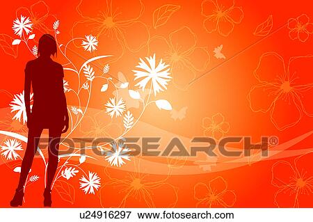 Silhouette of a woman standing with floral pattern in background View Large Illustration Stock Illustration - Silhouette of a woman standing with floral pattern in background. Fotosearch