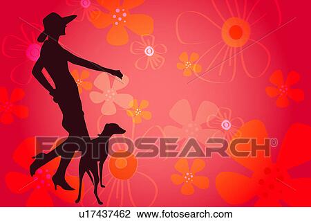 Drawing - Silhouette of a woman with a dog, flower shape in background. Fotosearch