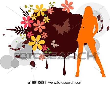 Clip Art - Silhouette of a woman with flowers in background. Fotosearch