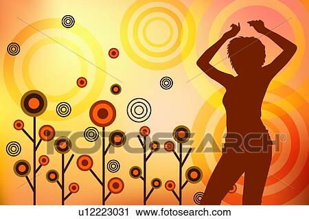 Clip Art - Silhouette of a woman with hands up, floral pattern in background. Fotosearch