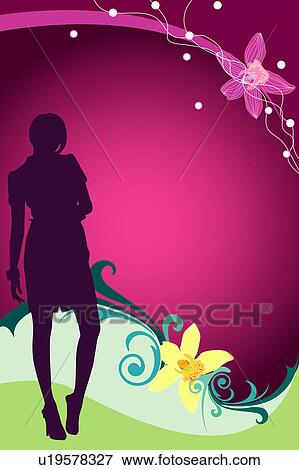 Stock Illustration - Silhouette of a woman with high heels with flowers in background. Fotosearch