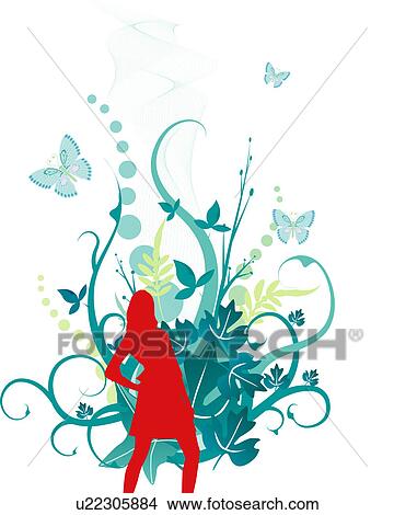 Stock Illustration - Silhouette of a young woman with butterfly and vines in background. Fotosearch