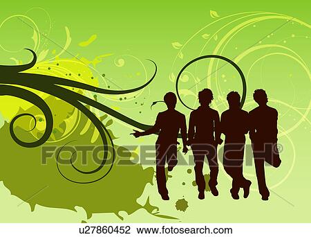 Silhouette of four men standing together with floral pattern in background View Large Illustration Drawing - Silhouette of four men standing together with floral pattern in background. Fotosearch