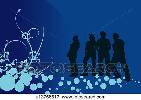 Stock Illustration - Silhouette of four people standing together with floral pattern in background. Fotosearch