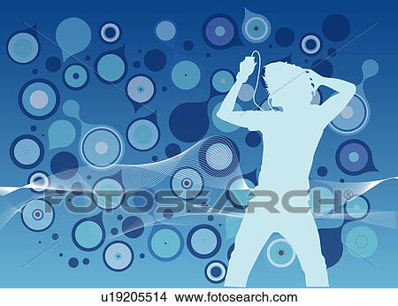 Stock Illustration - Silhouette of one man listening music with floral pattern in background. Fotosearch