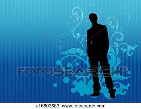 Drawing - Silhouette of one man standing with floral pattern in background. Fotosearch