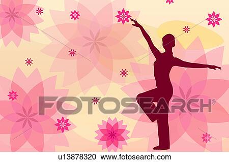 Silhouette of one woman doing yoga with floral pattern in background View Large Illustration Clipart - Silhouette of one woman doing yoga with floral pattern in background. Fotosearch