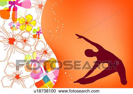 Clipart - Silhouette of one woman doing yoga with floral pattern in background. Fotosearch