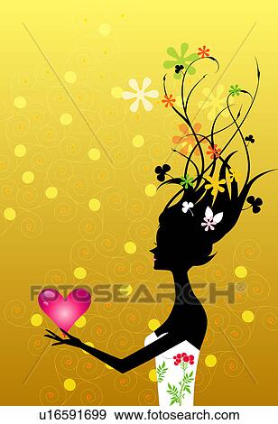 Silhouette of one woman holding a heart shape View Large Illustration Stock Illustration - Silhouette of one woman holding a heart shape. Fotosearch