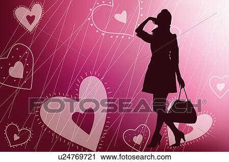 Silhouette of one woman holding handbag with floral pattern in background View Large Illustration Clip Art - Silhouette of one woman holding handbag with floral pattern in background. Fotosearch