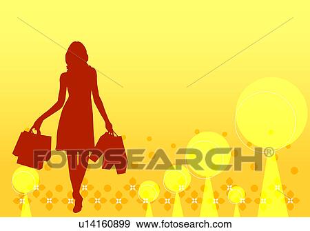 Stock Illustration - Silhouette of one woman holding shopping bags with floral pattern in background. Fotosearch