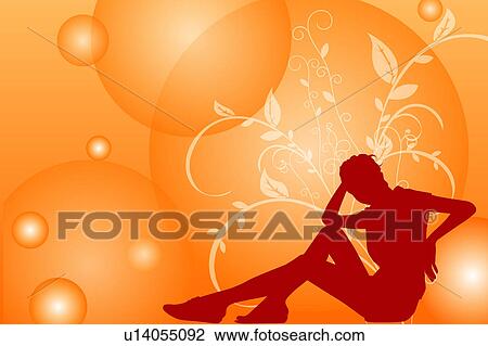Drawing - Silhouette of one woman sitting with floral pattern in background. Fotosearch