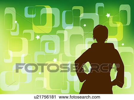 Silhouette of one woman standing and arms akimbo with floral pattern in background View Large Illustration Clip Art - Silhouette of one woman standing and arms akimbo with floral pattern in background. Fotosearch