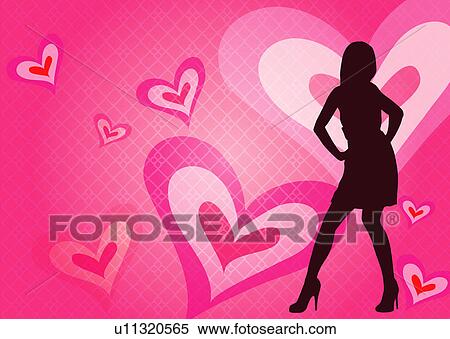 Stock Illustration - Silhouette of one woman standing and arms akimbo with floral pattern in background. Fotosearch